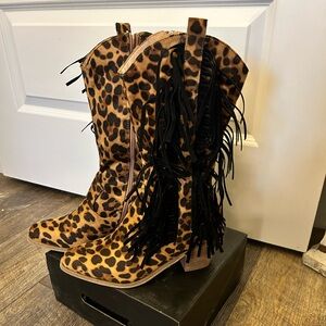 Leopard Print Fringe Cowboy Boots